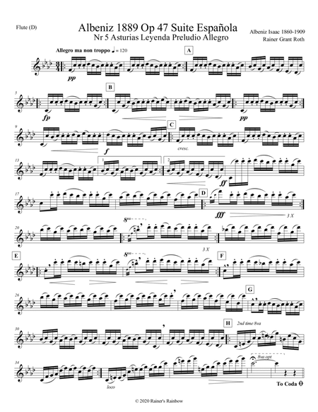Albeniz 1889 Op 47 Suite Española Nr 5 Asturias Leyenda Preludio Allegro Solo Flute in the key of F