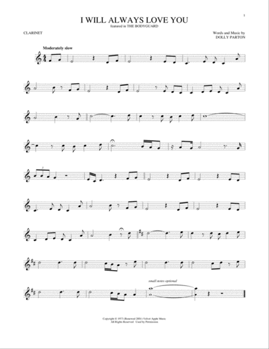 I Will Always Love You I Will Always Love You Clarinet Solo scores gallery preview page 1