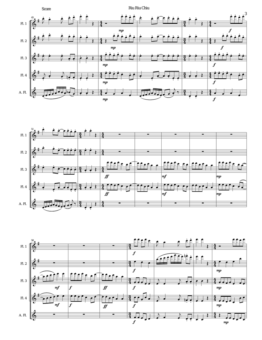Riu Riu Chiu arranged for flute quintet (4 flutes and 1 alto flute) Flute Solo scores gallery preview page 3