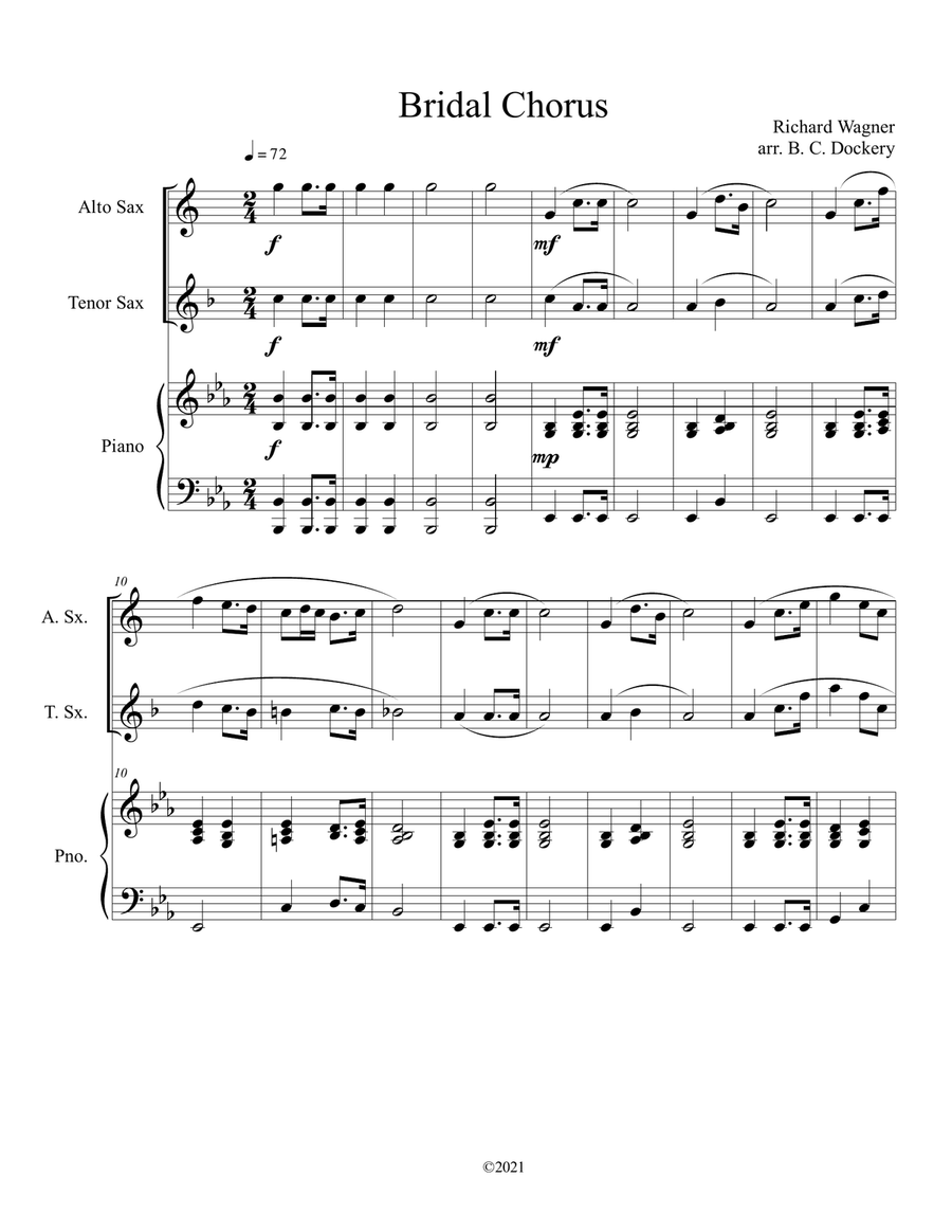 Bridal Chorus Here Comes the Bride for Alto and Tenor Sax Duet with Piano Accompaniment by Richard Wagner Woodwind Duet Digital Sheet Music Sheet Music Plus