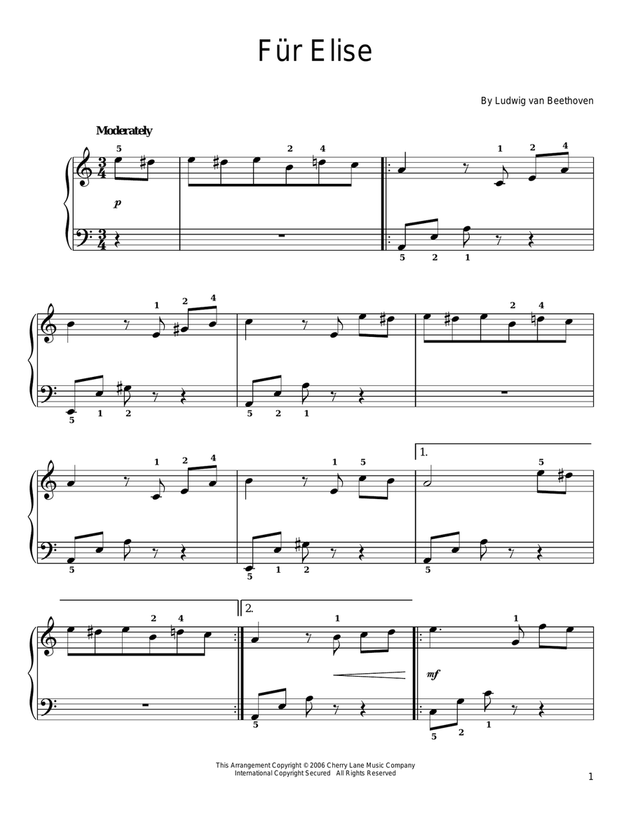 Fur Elise Fur Elise Easy Piano scores gallery preview page 1