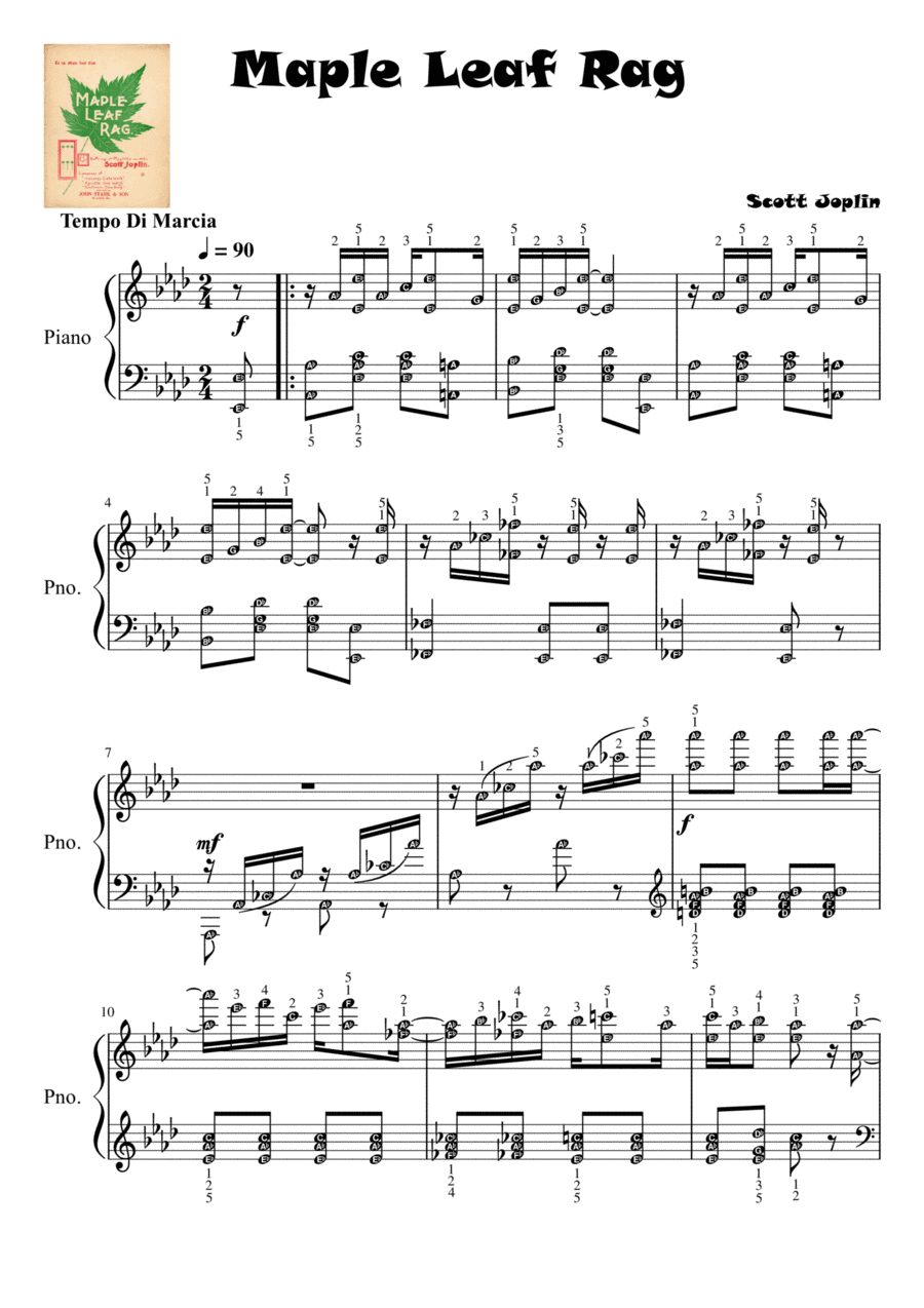 Maple Leaf Rag ORIGINAL version with note names & finger numbers Piano Solo scores gallery preview page 1