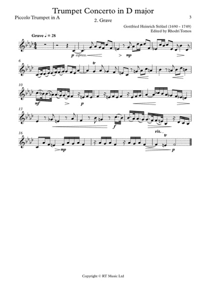 Stolzel Concerto in D major (HauH 5.3). 2. Grave. Trumpet sheet music picc A, D, C