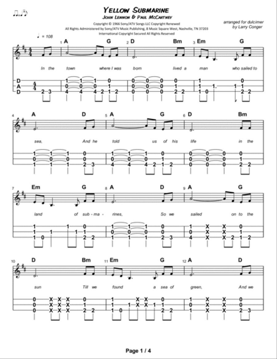Yellow Submarine Dulcimer scores gallery preview page 2