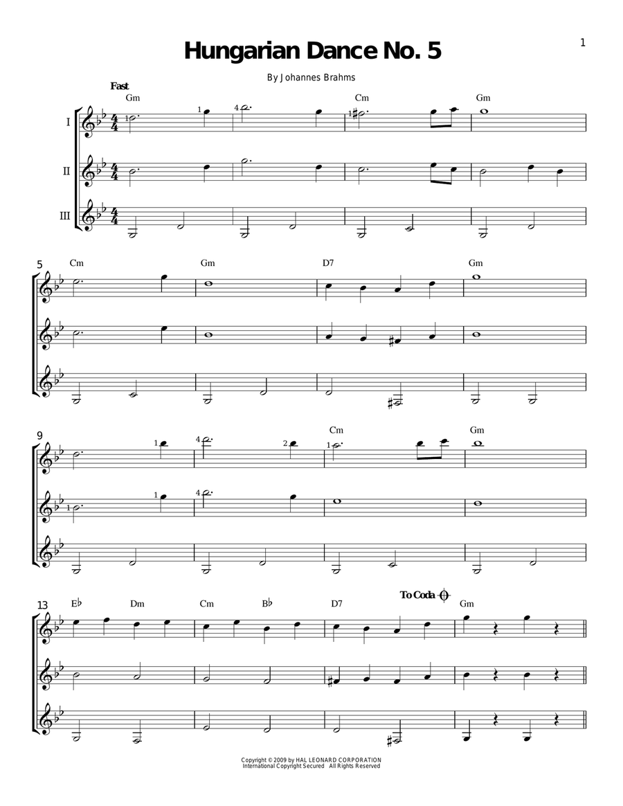 Hungarian Dance No. 5 Guitar Ensemble scores gallery preview page 1