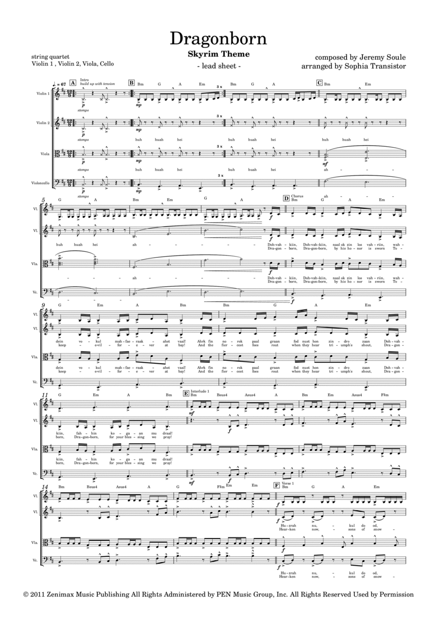 Dragonborn (skyrim Theme) String Quartet scores gallery preview page 1