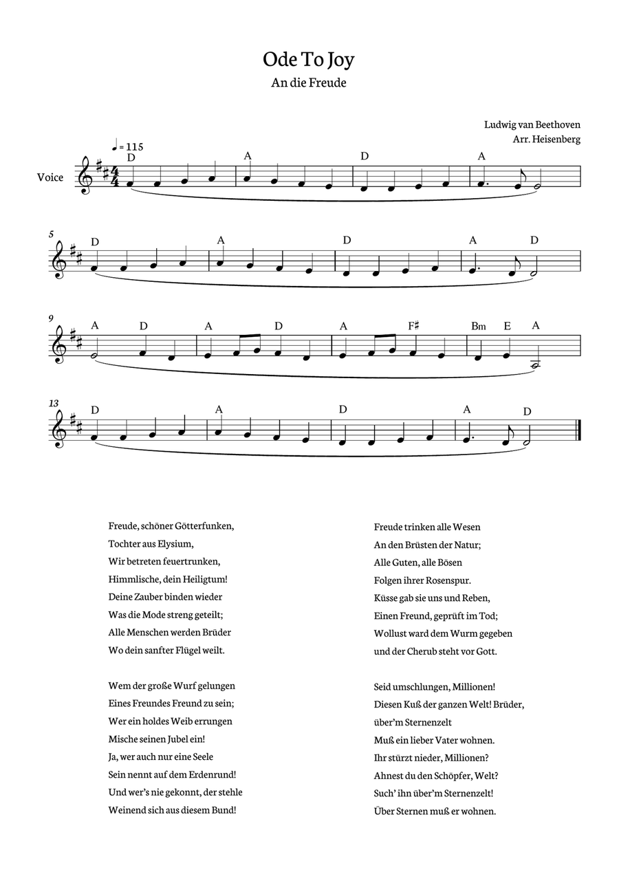 Beethoven - Ode To Joy for voice with chords in D (Lyrics in German) Voice scores gallery preview page 1