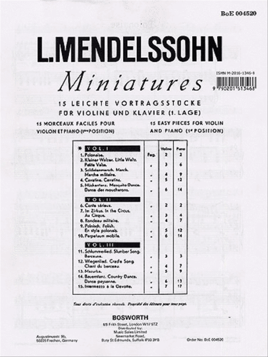 Mendelssohn: 15 Miniatures For Violin And Piano Vol.1