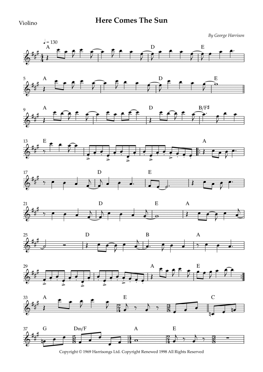 Here Comes The Sun Violin Solo scores gallery preview page 1