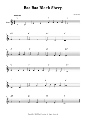 Baa Baa Black Sheep - Easy Flute (C Major - with Chords)