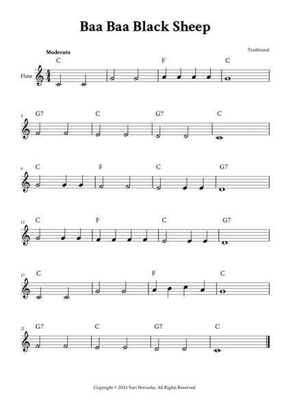 Baa Baa Black Sheep - Easy Flute (C Major - with Chords) image number null
