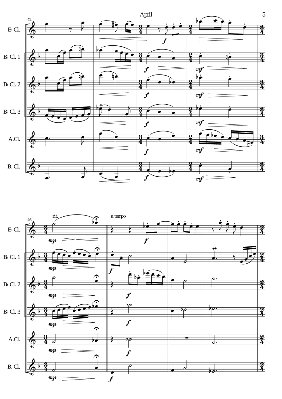 April (April! The grace and smile that all beguile!) for clarinet sextet (with E flats) Clarinet Solo scores gallery preview page 5