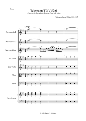 Telemann TWV 52e1 Concerto For Flute & Recorder Full Score & Parts