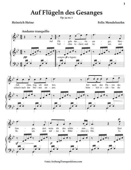 MENDELSSOHN: Auf Flügeln des Gesanges, Op. 34 no. 2 (transposed to B-flat major)