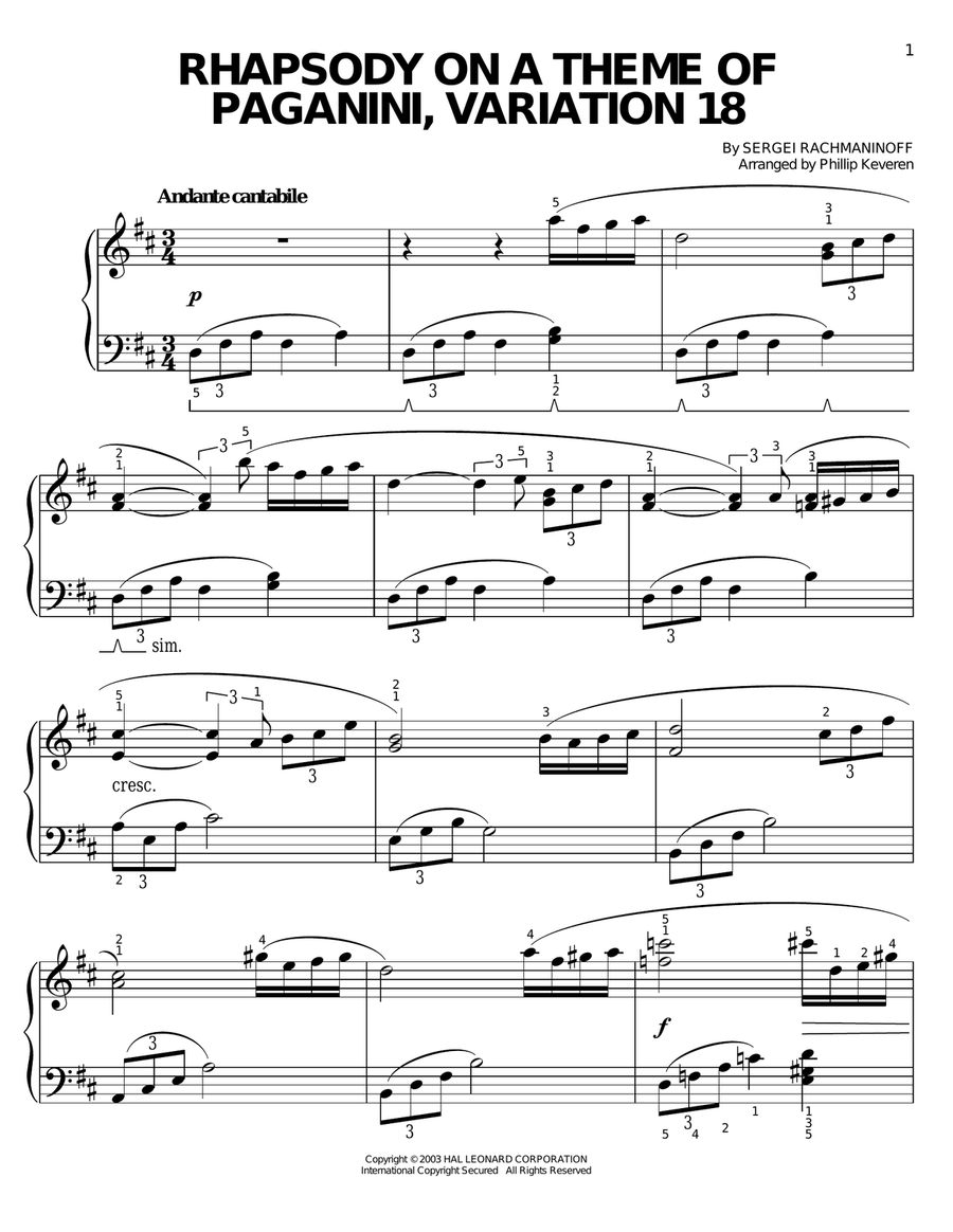 Rhapsody On A Theme Of Paganini, Variation XVIII (from Somewhere in Time) (arr. Phillip Keveren) Easy Piano scores gallery preview page 1