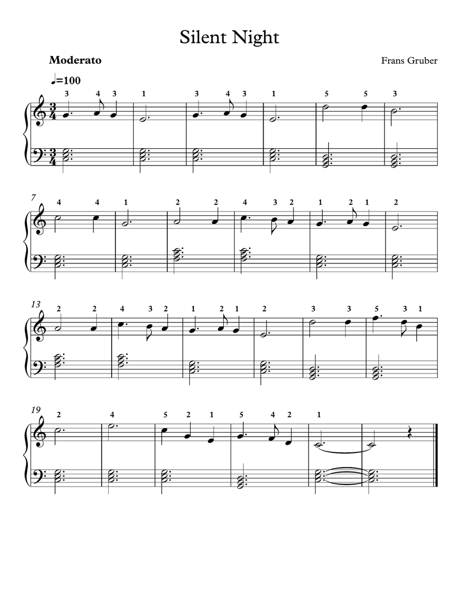 Franz gruber Silent Night Easy Piano sheet music Fingered Easy Piano scores gallery preview page 1