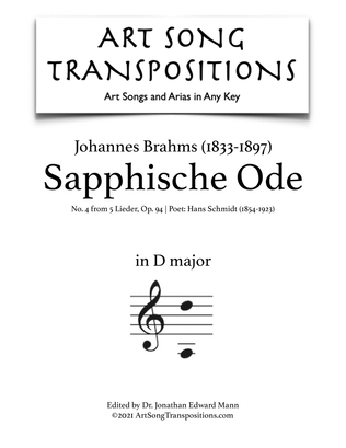 Book cover for BRAHMS: Sapphische Ode, Op. 94 no. 4 (transposed to D major)