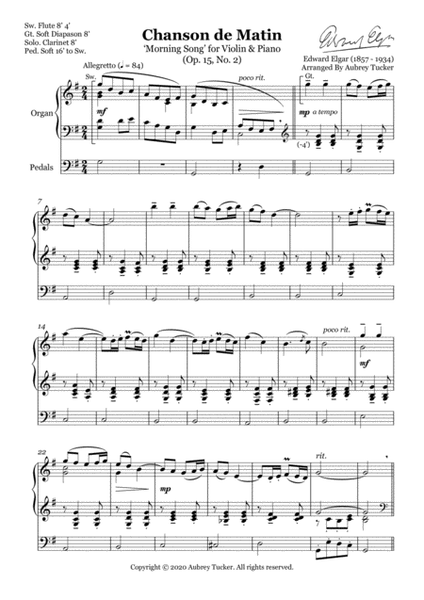 Organ: Chanson de Matin (Morning Song for Violin & Piano Op. 15, No. 2) - Edward Elgar image number null