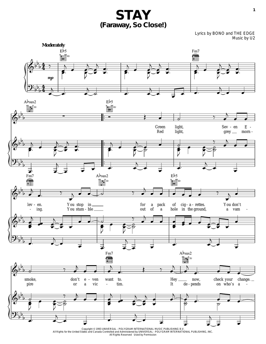 Stay (Faraway, So Close!) Piano, Vocal, Guitar scores gallery preview page 1
