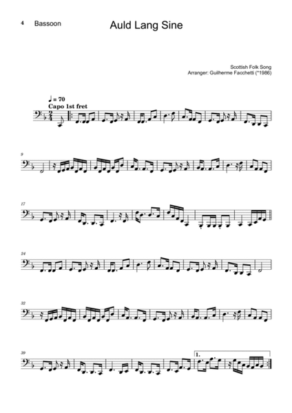 Scottish Folk Song - Auld Lang Sine. Arrangement for Bassoon and Classical Guitar. Score and Parts. image number null