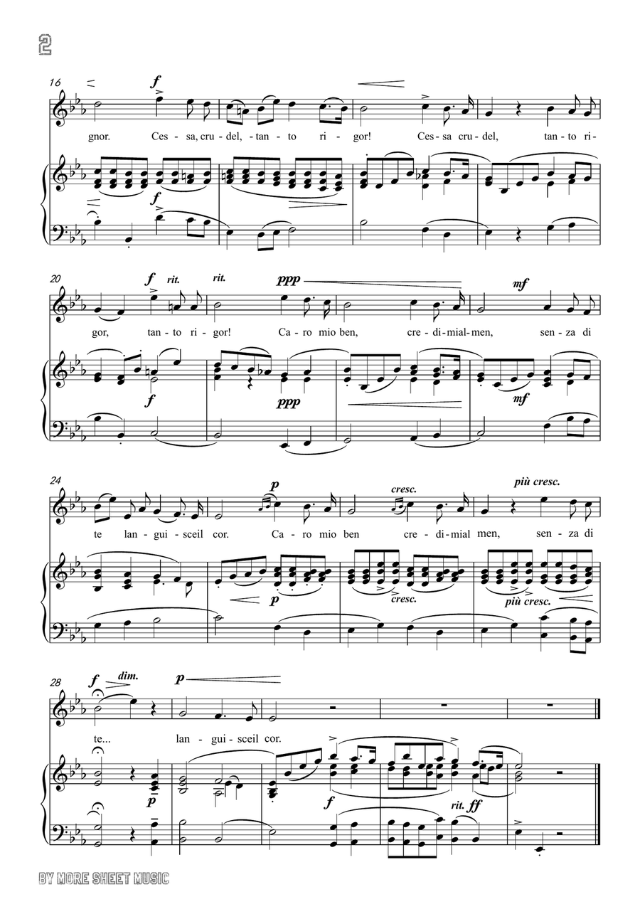 Giordani,Giuseppe-Caro mio ben in E flat Major,for Voice and Piano Piano, Vocal scores gallery preview page 4