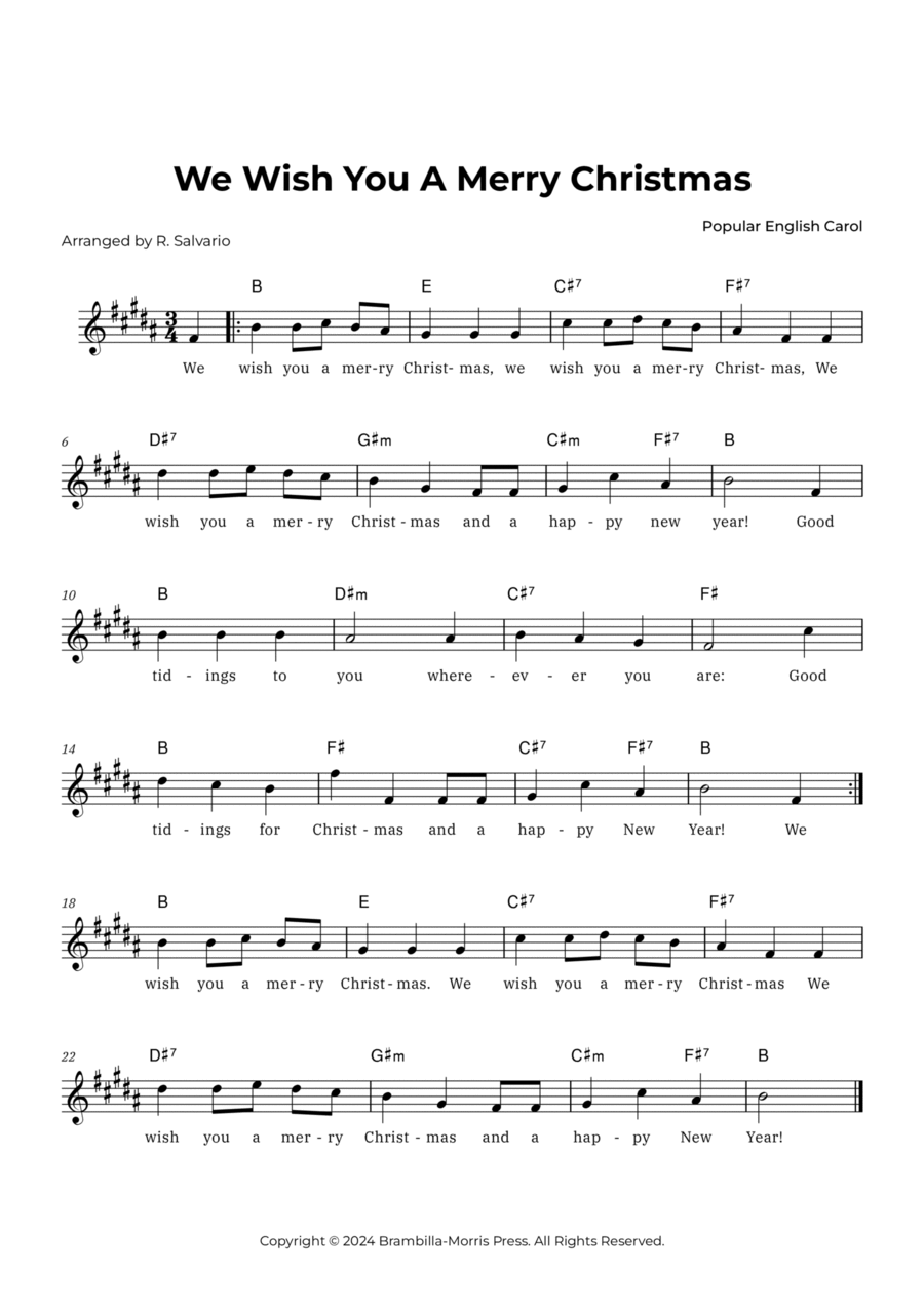 We Wish You a Merry Christmas (Key of B Major) Piano scores gallery preview page 1