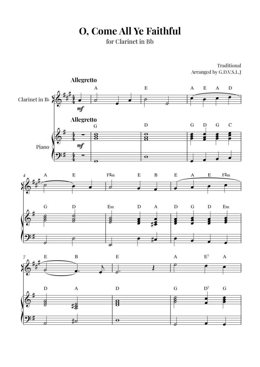 O, Come All Ye Faithful O, Come All Ye Faithful B-Flat Clarinet scores gallery preview page 1