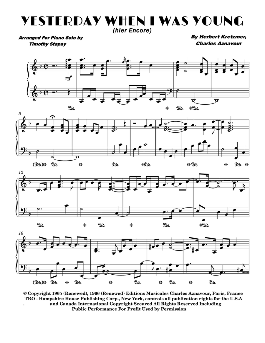 Yesterday, When I Was Young (hier Encore) Piano Solo scores gallery preview page 1