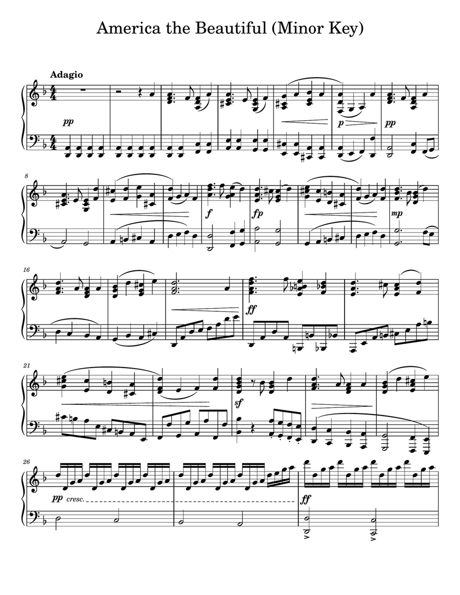 America the Beautiful (Minor Key) Easy Piano scores gallery preview page 1