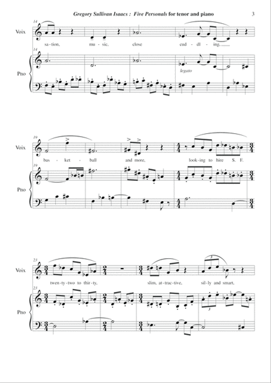 Gregory Sullivan Isaacs: Five Personals for tenor voice and piano Tenor Voice scores gallery preview page 3