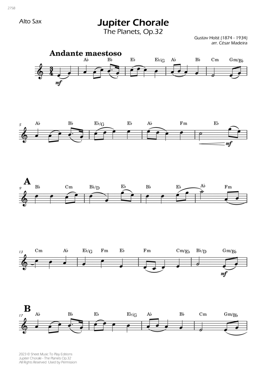 Jupiter Chorale from The Planets - Alto Sax Solo - W/Chords image number null