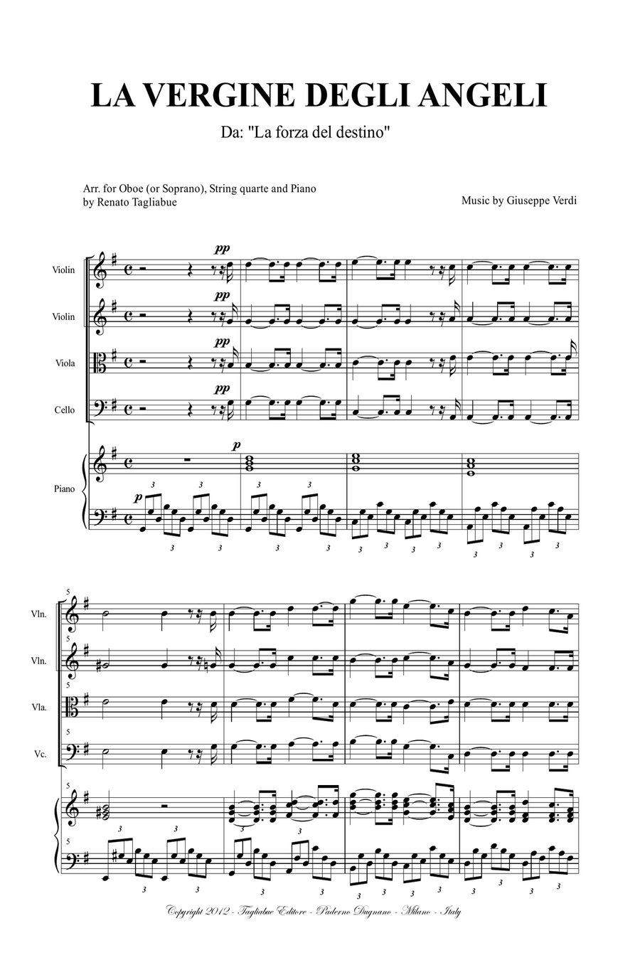 LA VERGINE DEGLI ANGELI - G.Verdi - Arr. for Oboe (or Soprano), String quartet and Piano/Organ Small Ensemble scores gallery preview page 2