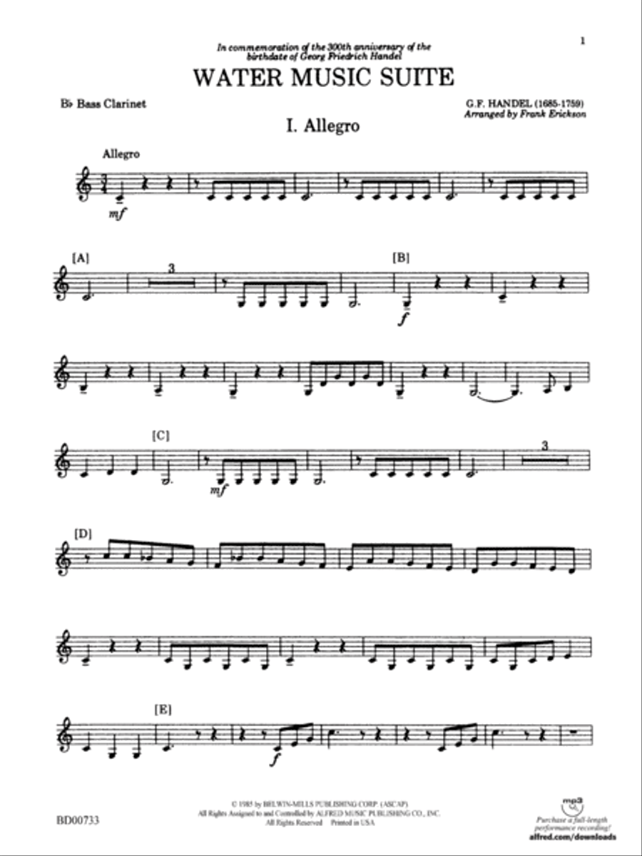 Water Music Suite: B-flat Bass Clarinet Concert Band scores gallery preview page 1