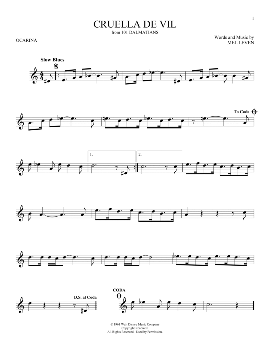 Cruella De Vil (from 101 Dalmatians) ocarina scores gallery preview page 1