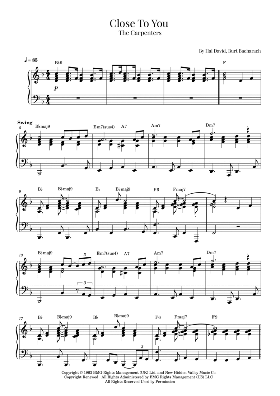 (they Long To Be) Close To You (they Long To Be) Close To You Piano Solo scores gallery preview page 1