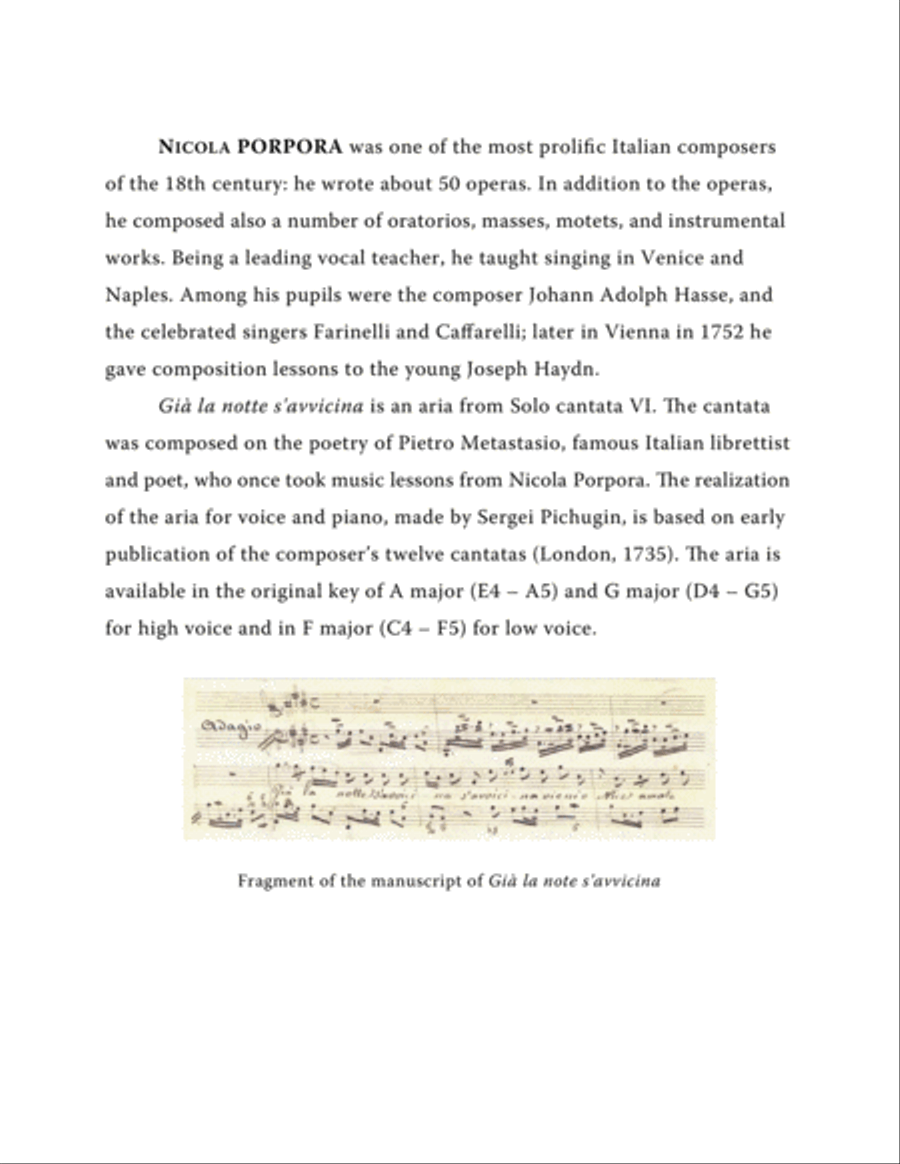 PORPORA Nicola: Già la notte s'avvicina, aria from the cantata, arranged for Voice and Piano (G maj image number null