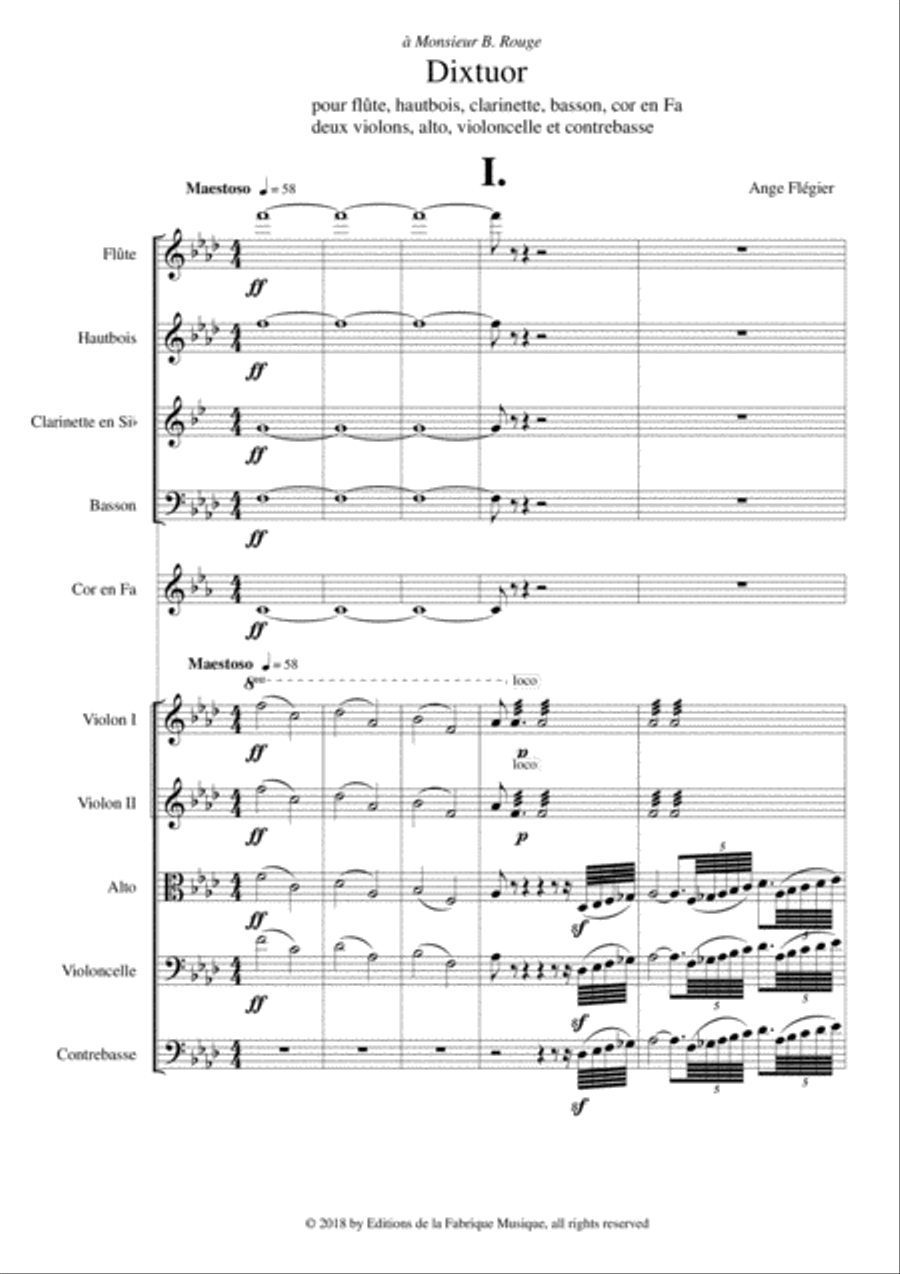 Ange Flégier: Dixtuor for flute, oboe, clarinet, bassoon, horn, two violins, viola, violoncello and Woodwind Quintet scores gallery preview page 2
