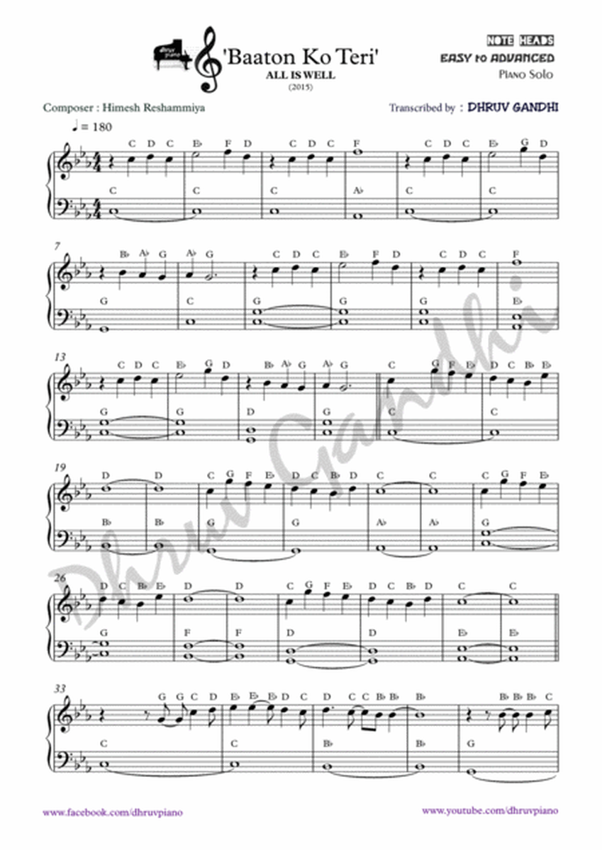 Baaton Ko Teri (All is Well) -- Piano Arrangement (Easy to Advanced) image number null