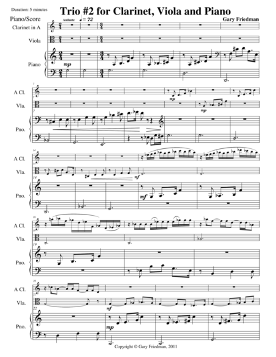 Trio #2 for Clarinet, Viola, and Piano Small Ensemble scores gallery preview page 1