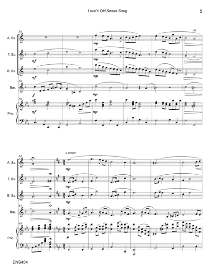 LOVE'S OLD SWEET SONG - Alto, Tenor, Bari Sax and Trombone/Baritone TC with Piano Small Ensemble scores gallery preview page 5
