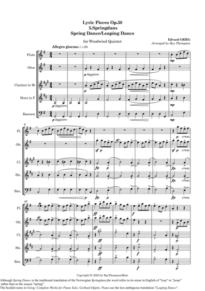 Grieg: Lyric Pieces Op.38 No.5 "Springdans" (Spring Dance/Leaping Dance) - wind quintet image number null