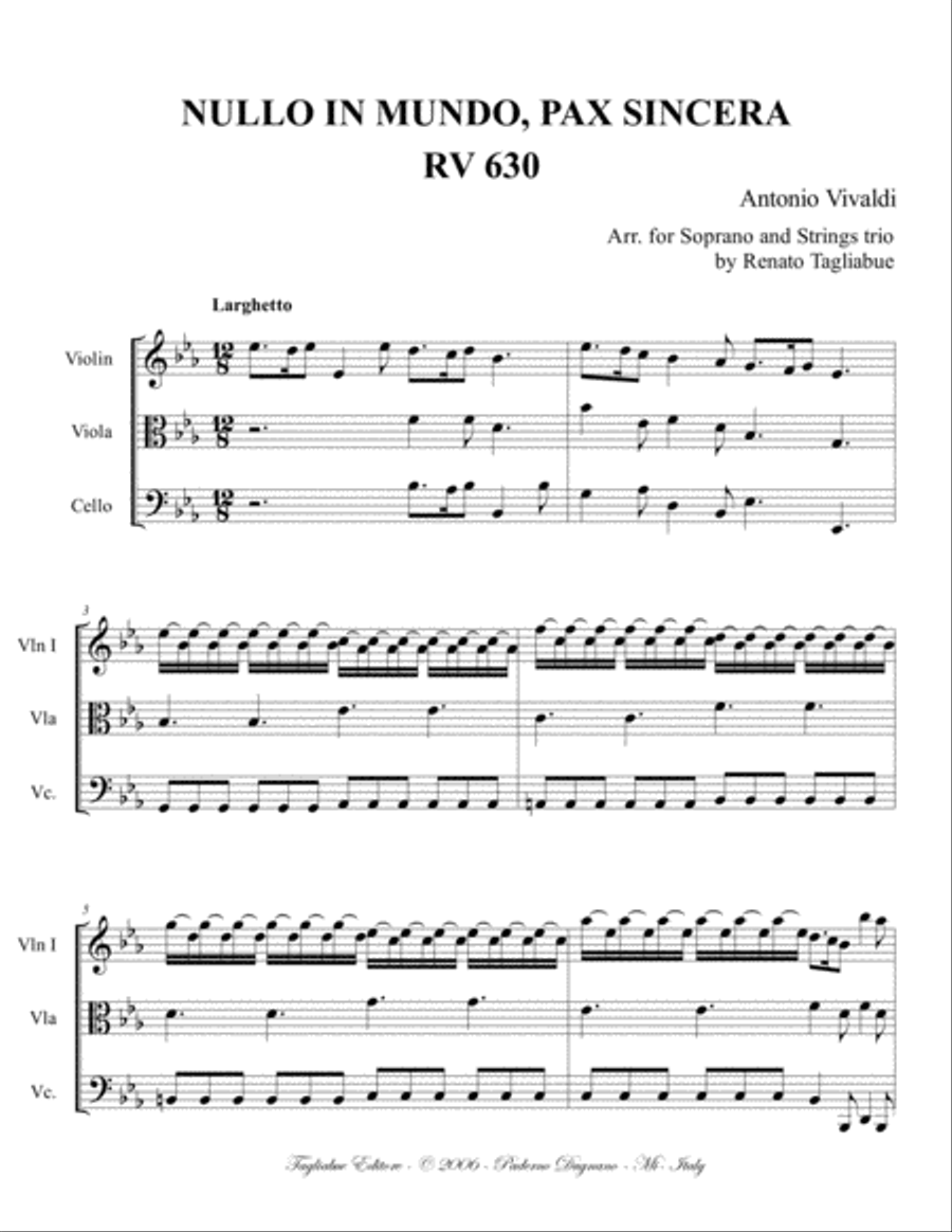 NULLO IN MUNDO, PAX SINCERA - Vivaldi - Arr. for Soprano and String Trio Chamber Orchestra scores gallery preview page 2