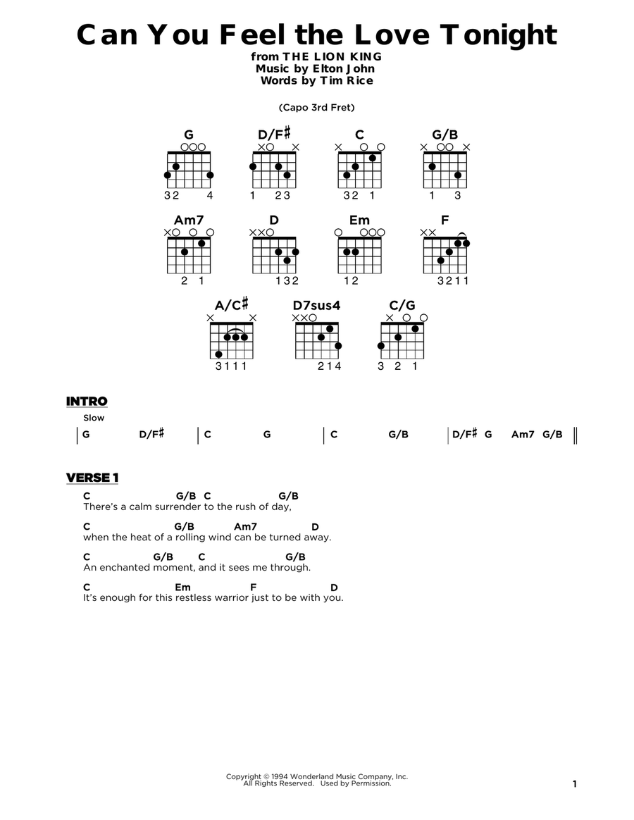 Can You Feel The Love Tonight (from The Lion King) Easy Guitar scores gallery preview page 1