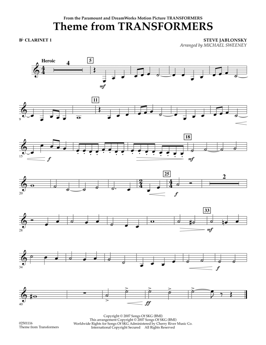 Theme From Transformers - Bb Clarinet 1 B-Flat Clarinet scores gallery preview page 1