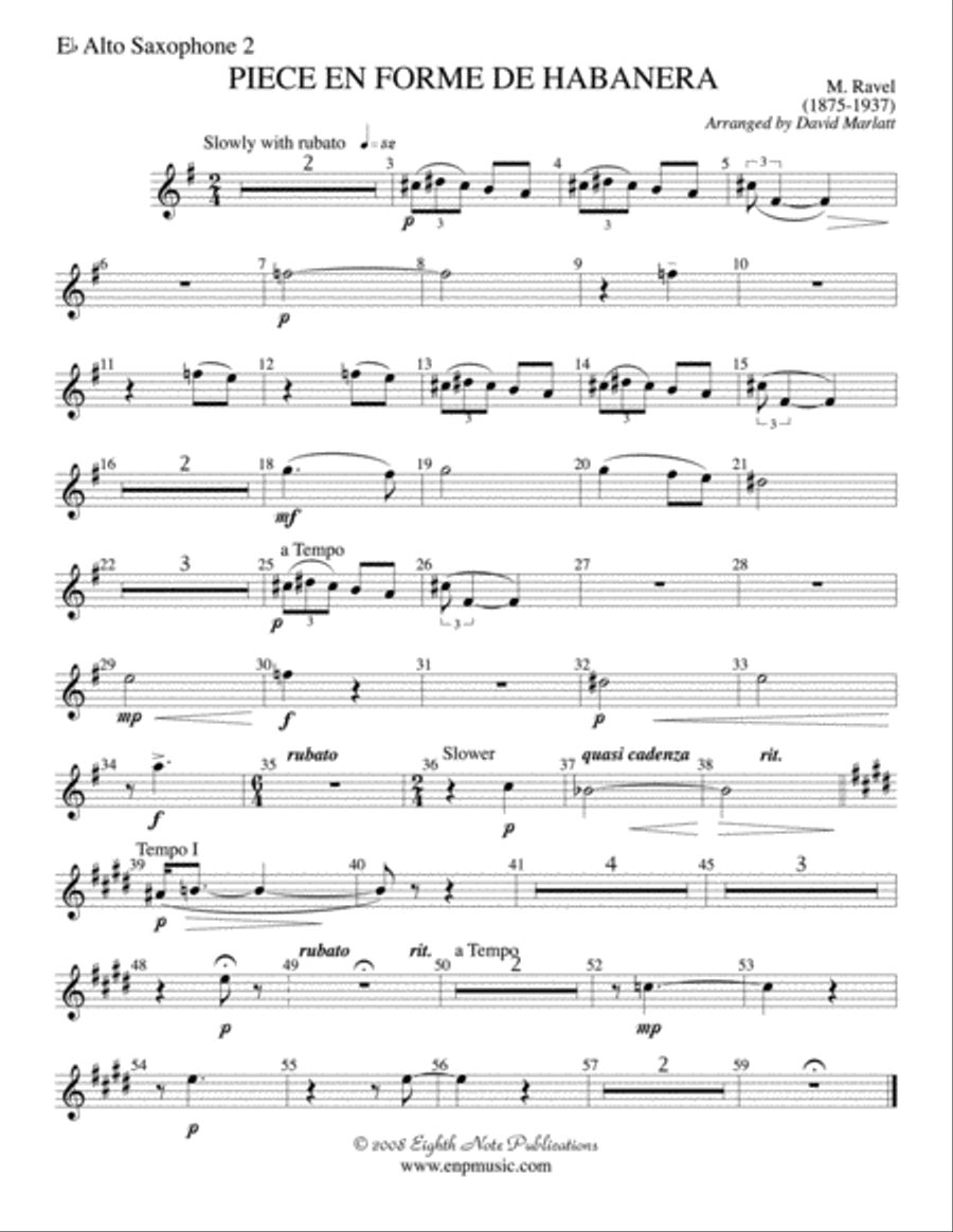 Piece en Forme de Habanera (Soloist and Concert Band): 2nd E-flat Alto Saxophone Concert Band scores gallery preview page 1