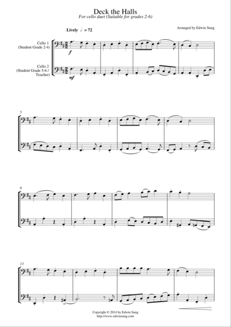Deck the Halls (for cello duet, suitable for grades 2-6) String Duet scores gallery preview page 1