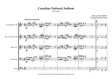 Canadian National Anthem ("O Canada") for Brass Quintet (MFAO World National Anthem Aeries) image number null