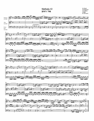 Sinfonia (Three part invention) no.12, BWV 798 (arrangement for 3 recorders)