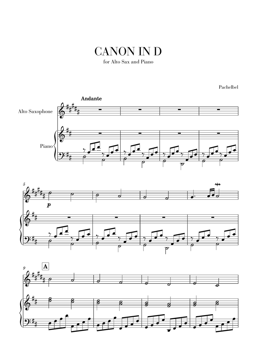 Canon in D for Alto Sax and Piano Canon in D for Alto Sax and Piano Small Ensemble scores gallery preview page 1