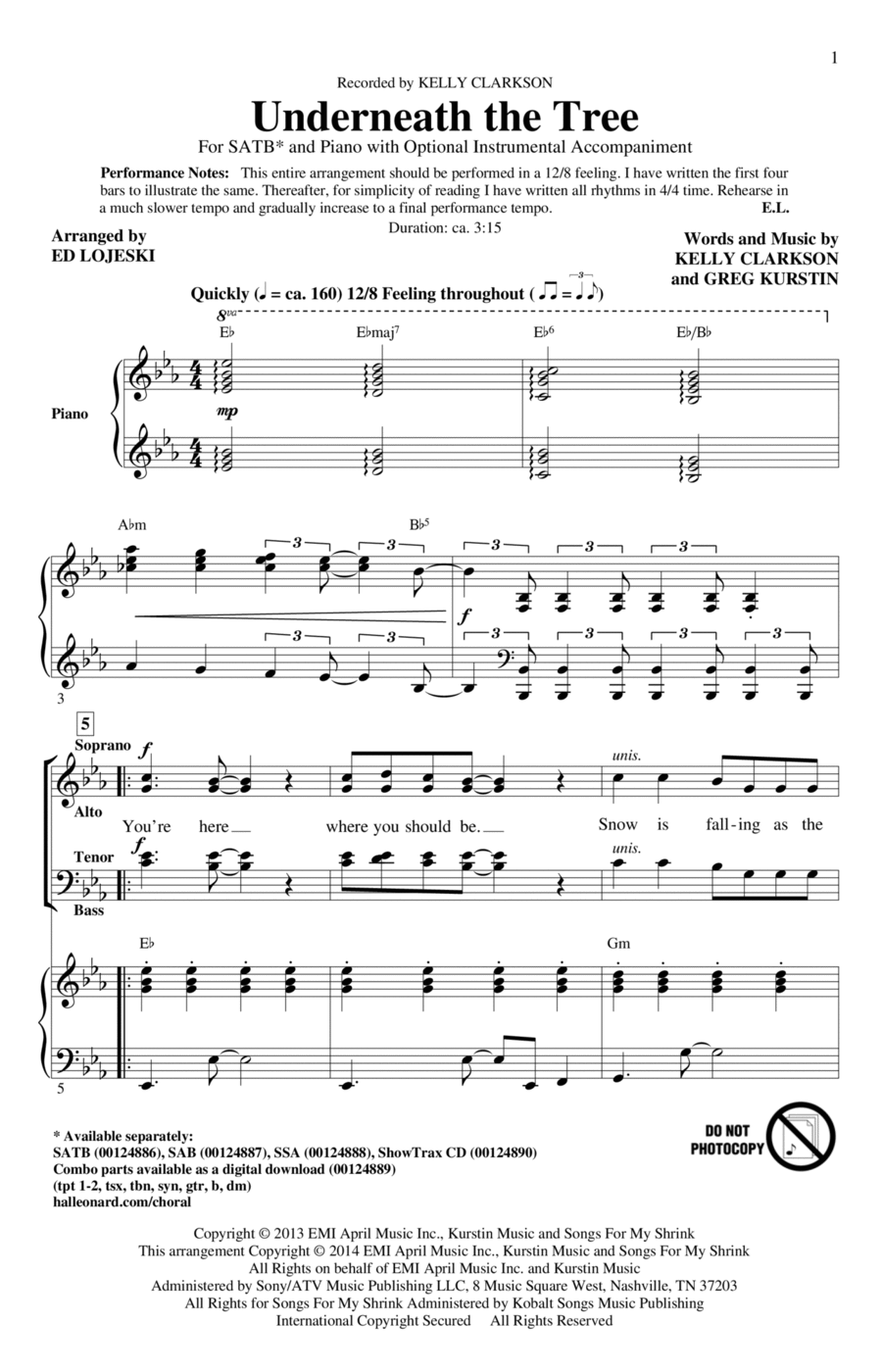 Underneath The Tree (arr. Ed Lojeski) 4-Part scores gallery preview page 1